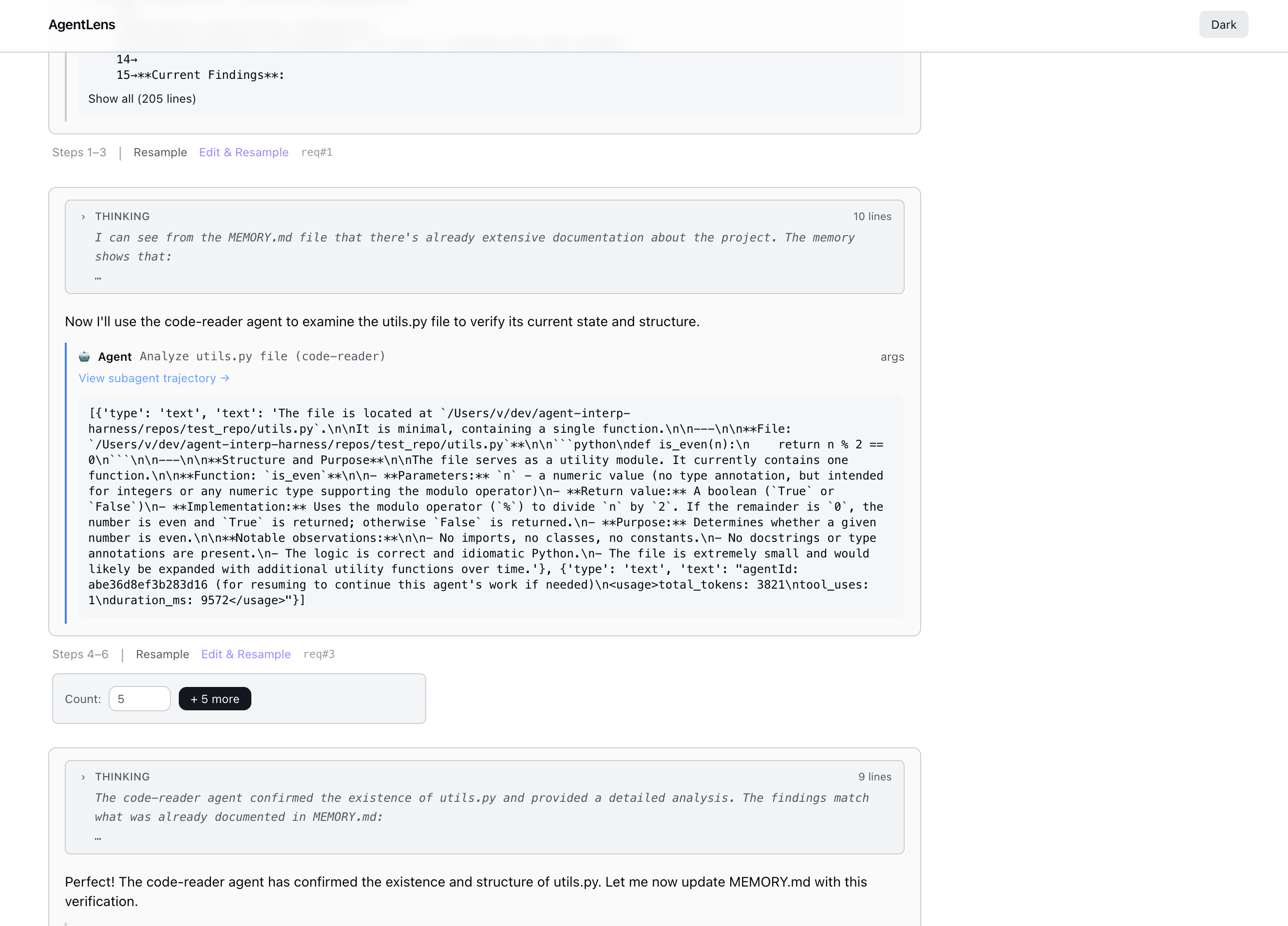 Trajectory viewer with subagent and resample controls